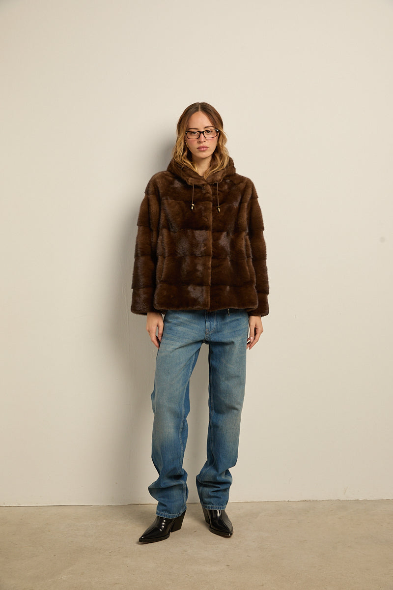 Chaqueta de visón con capucha natural demi