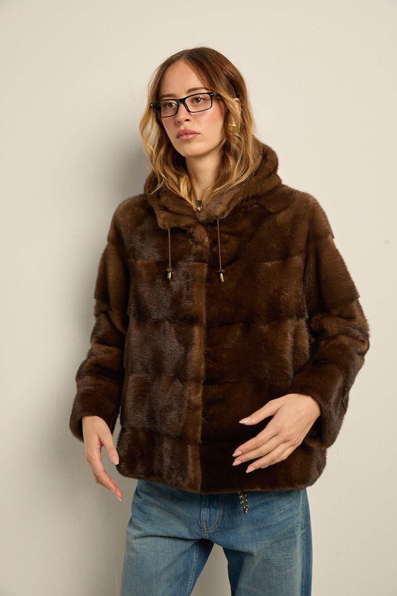 Chaqueta de visón con capucha natural demi