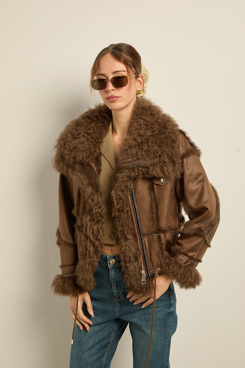 Chaqueta doble faz marrón rabbit con cordero