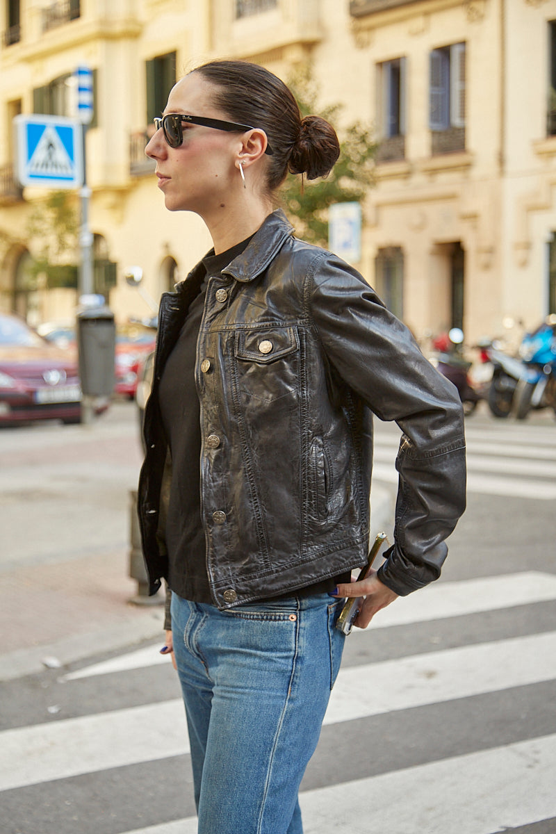 Chaqueta denim de cuero plomo