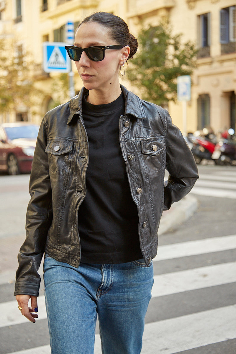 Chaqueta denim de cuero plomo