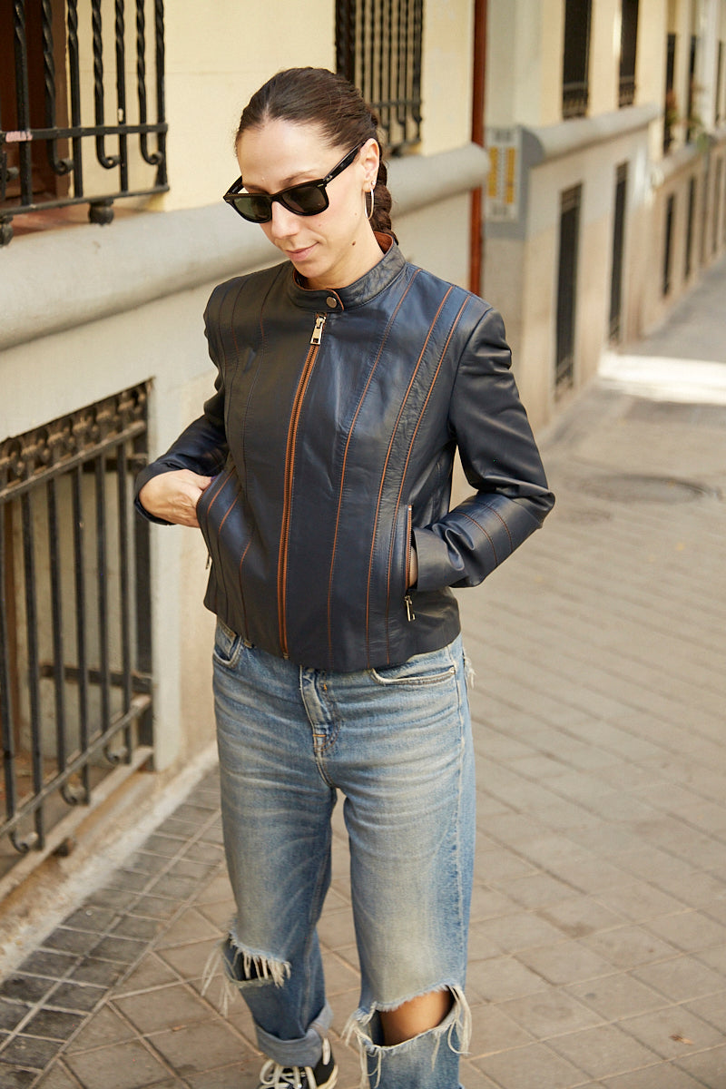 Chaqueta de cuero cuello mao azul