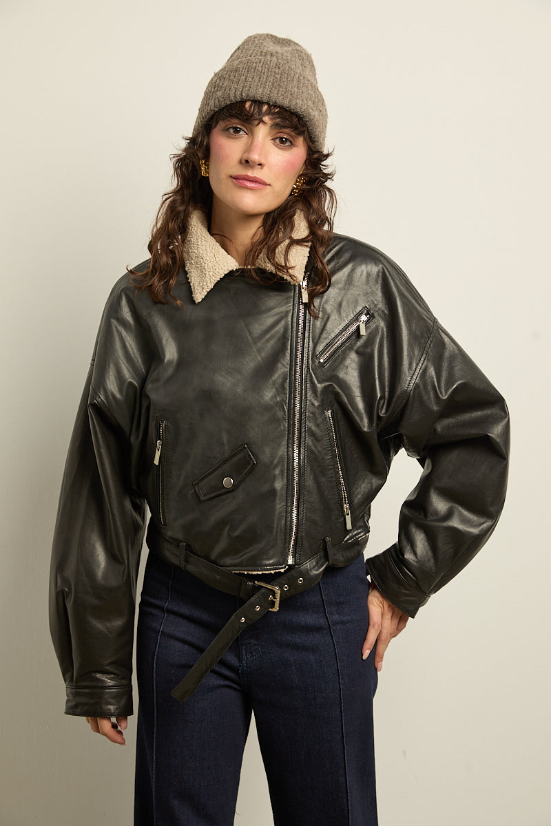 Chaqueta biker cuero oversize borreguito