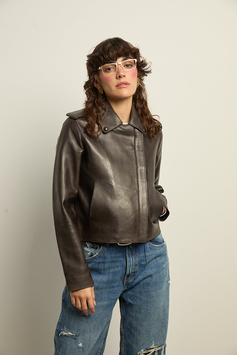 Chaqueta cuero marrón modelo París