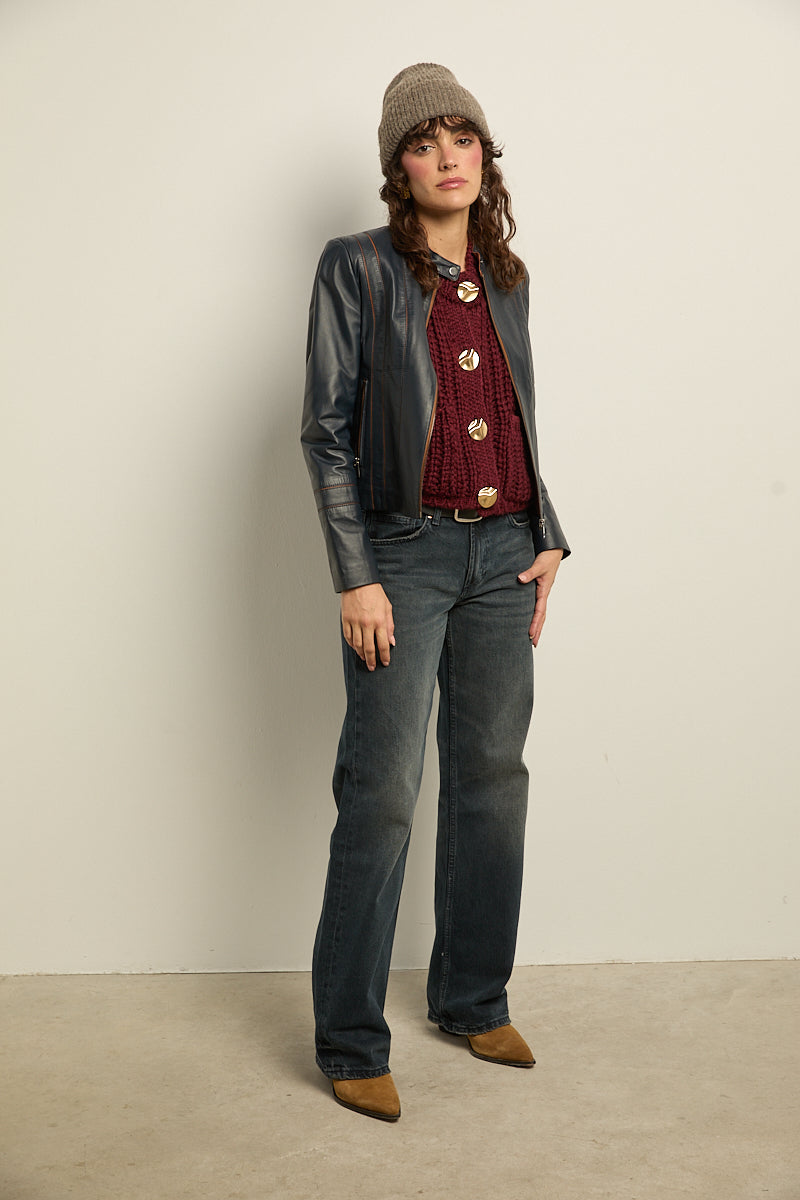 Chaqueta de cuero cuello mao azul
