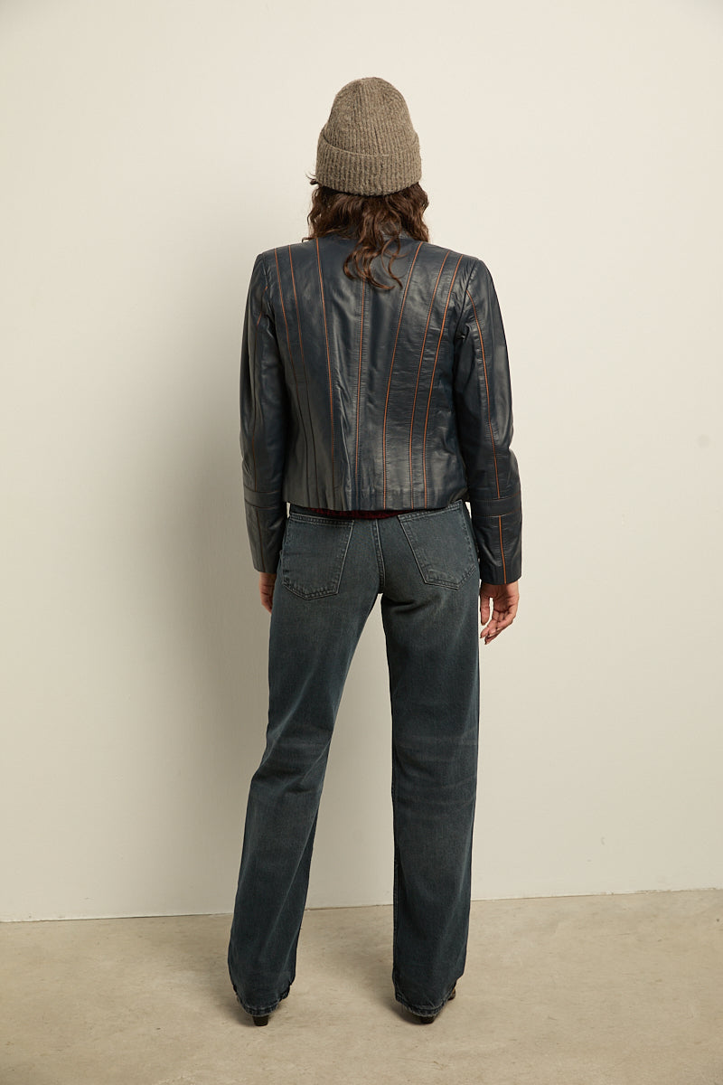 Chaqueta de cuero cuello mao azul