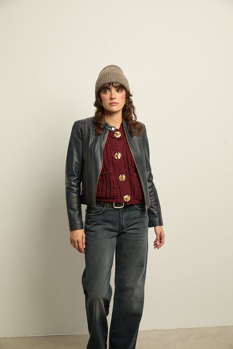 Chaqueta de cuero cuello mao azul