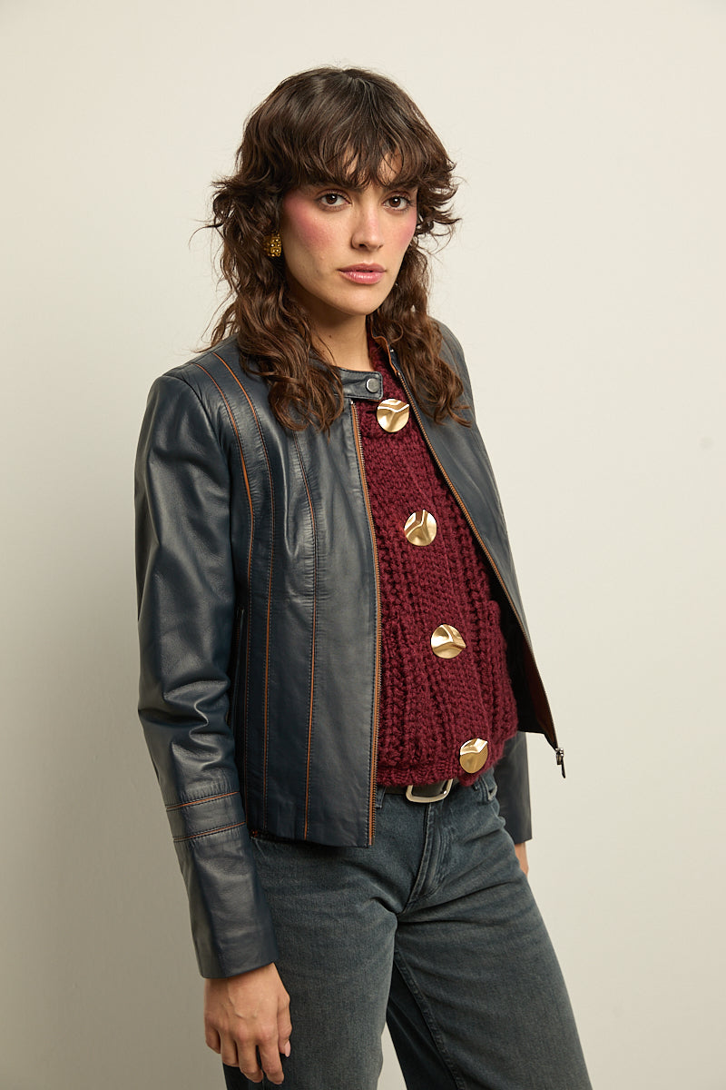 Chaqueta de cuero cuello mao azul