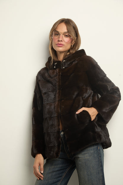 Chaqueta de visón con capucha natural brown