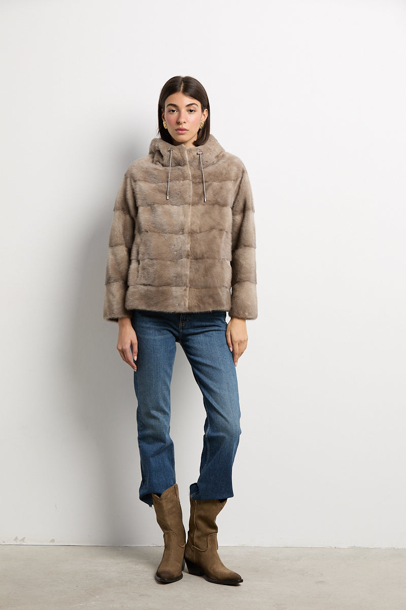 Chaqueta de visón con capucha natural zafiro