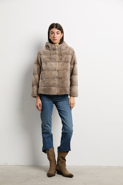Chaqueta de visón con capucha natural zafiro