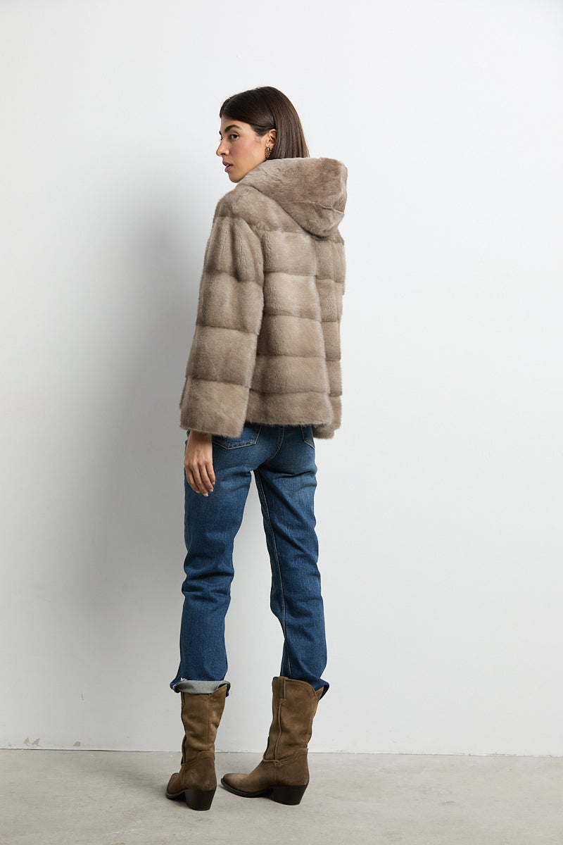 Chaqueta de visón con capucha natural zafiro