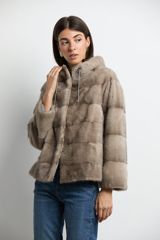 Chaqueta de visón con capucha natural zafiro