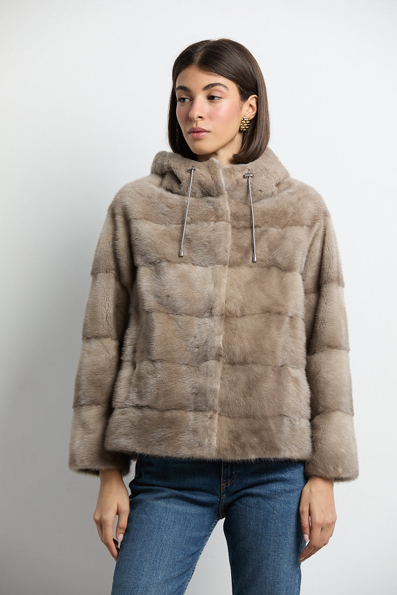 Chaqueta de visón con capucha natural zafiro