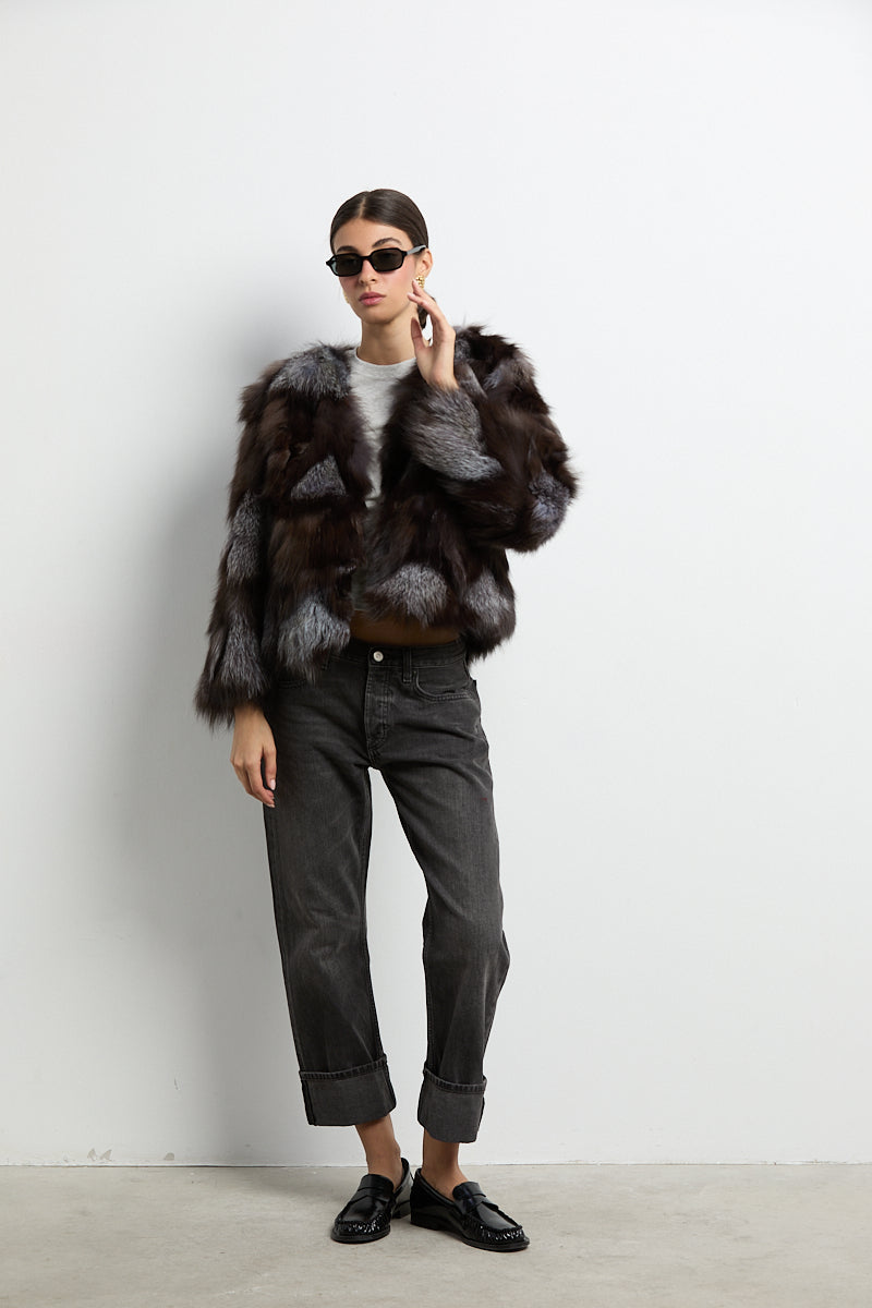Chaqueta zorro patchwork color silver fox natural