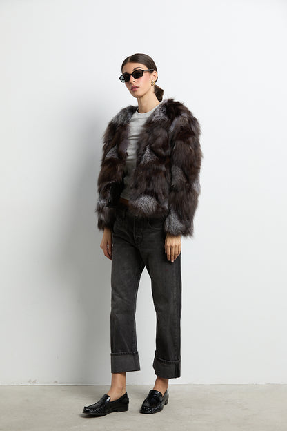 Chaqueta zorro patchwork color silver fox natural