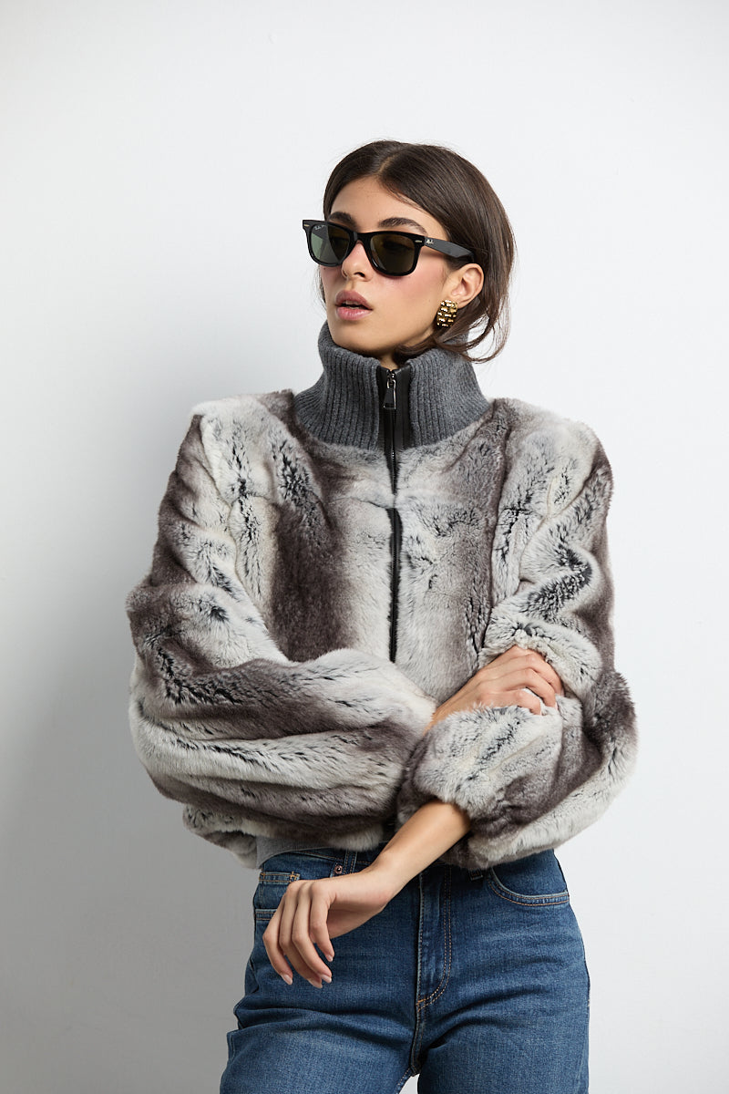 Bomber de piel rex color chinchilla