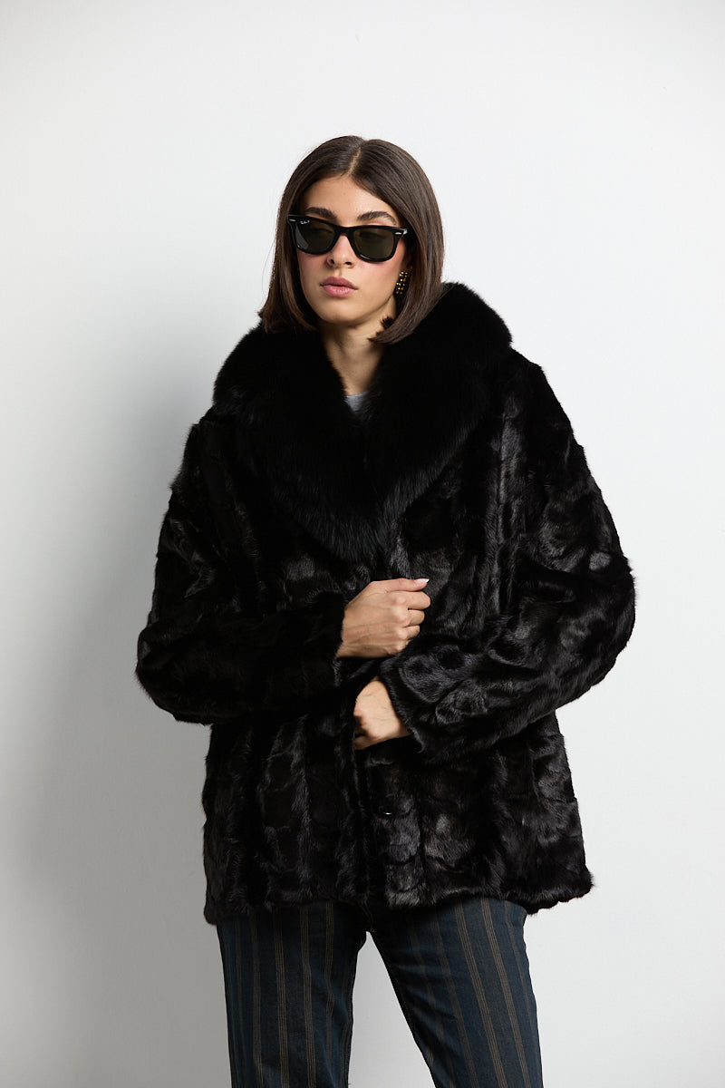 Abrigo visón negro cuello zorro