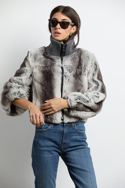 Bomber de piel rex color chinchilla