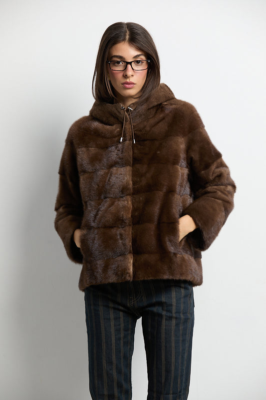 Chaqueta de visón con capucha natural demi