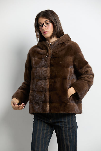 Chaqueta de visón con capucha natural demi