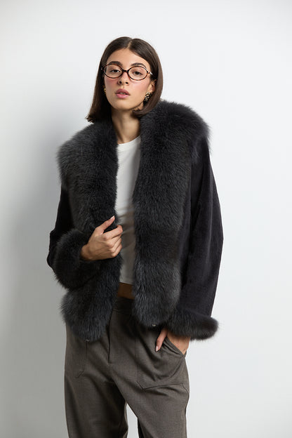 Chaqueta visón rasado con zorro gris marengo DIVA COLLECTION