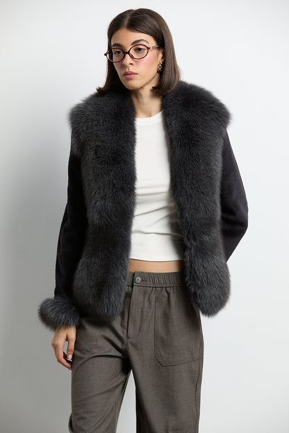 Chaqueta visón rasado con zorro gris marengo DIVA COLLECTION