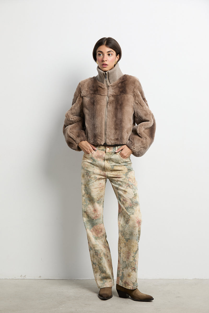 Bomber de piel rex beige