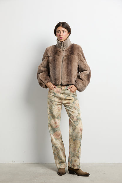 Bomber de piel rex beige