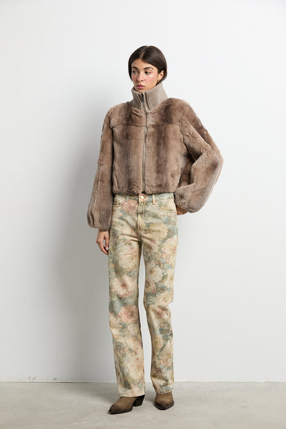 Bomber de piel rex beige