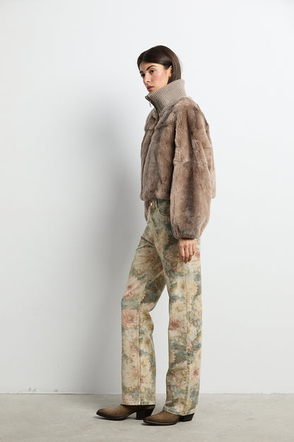 Bomber de piel rex beige