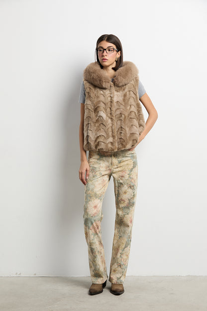 Chaleco visón patchwork con zorro beige
