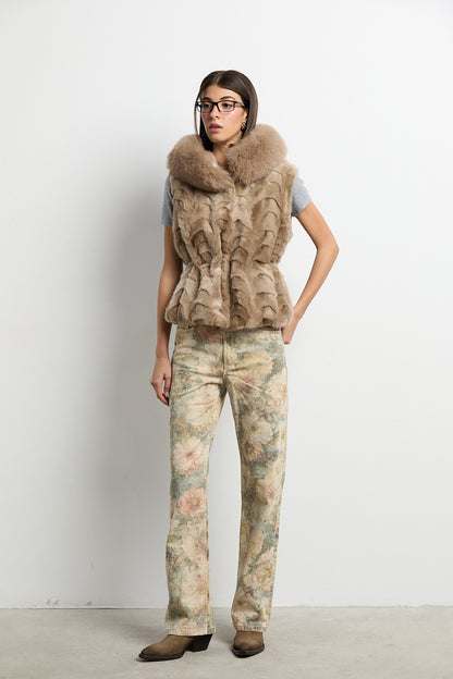 Chaleco visón patchwork con zorro beige