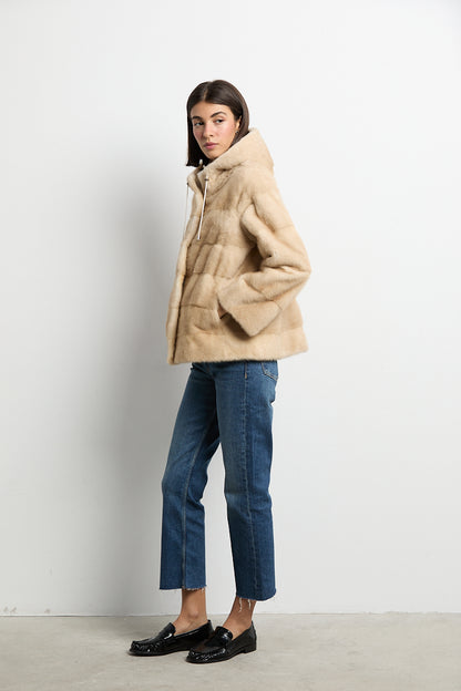 Chaqueta de visón con capucha natural palomino